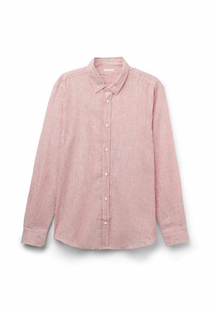Rot-weißer gestreifter Button-down-Hemd mit Kragen, langen Ärmeln und abgerundetem Saum. Verfügt über weiße Knöpfe und eine Baumwollstoffstruktur.