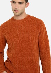 Rostfarbener Strickpullover mit strukturiertem, geripptem Design und rundem Ausschnitt. Lange Ärmel und lockere Passform. Aus weichem Material gefertigt.