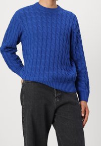 Blauer gestrickter Pullover mit Zopfmuster, Rundhalsausschnitt sowie geripptem Saum und Bündchen. Kombiniert mit schwarzen Jeans, die eine legere Passform zeigen.