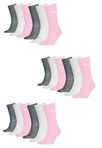 Set aus 12 Crew-Socken: 4 pinke, 4 weiße, 4 graue. Das Material hat eine gerippte Textur mit einem Logo-Akzent an der Seite. Jede Socke verfügt über ein Farbblock-Design.