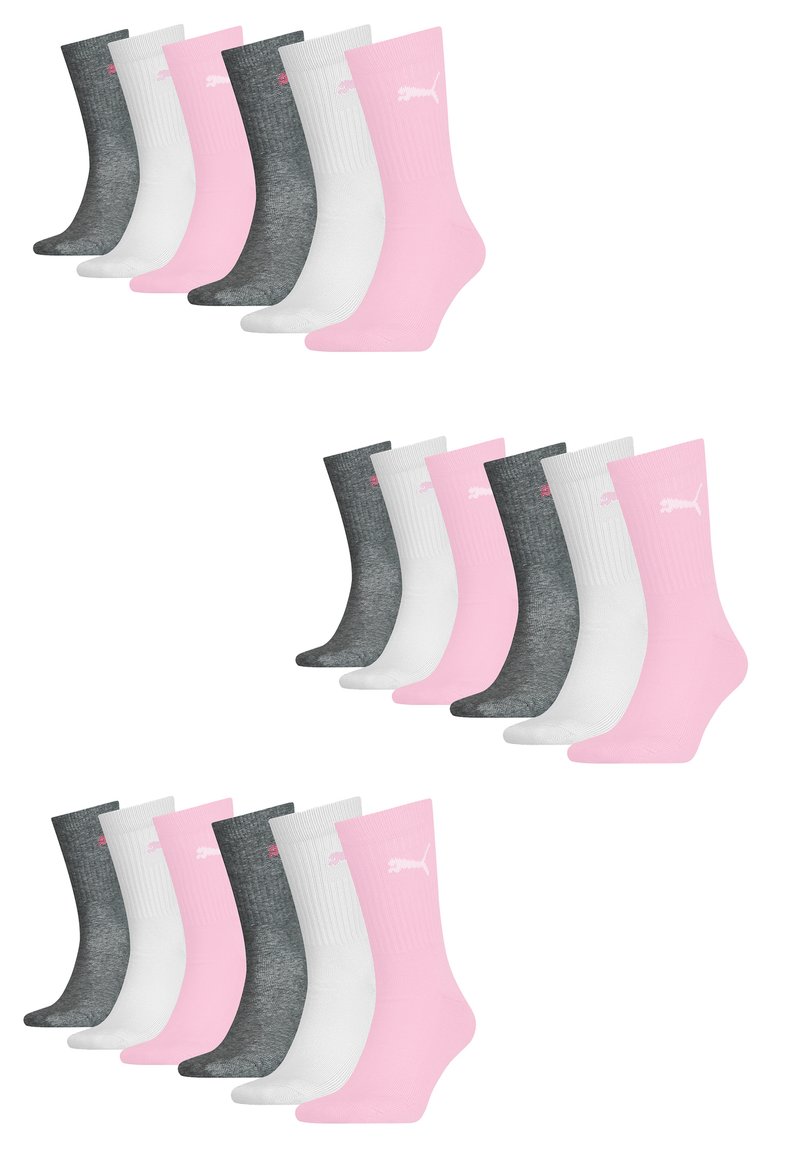 Set aus 12 Crew-Socken: 4 pinke, 4 weiße, 4 graue. Das Material hat eine gerippte Textur mit einem Logo-Akzent an der Seite. Jede Socke verfügt über ein Farbblock-Design.