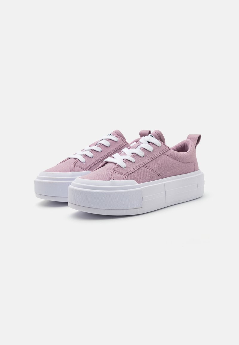 Zapatillas de lona rosa con cordones blancos, suela de goma blanca gruesa, puntera redondeada y una pestaña en el talón para ponérselas fácilmente.