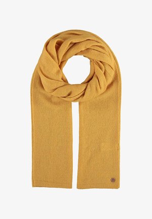 Rumena pletena šal, pravokotne oblike, teksturirana tkanina, z majhnim logotipom na enem koncu. Mehka in lahka zasnova.