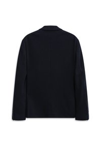 Dunkelblazer in Marineblau mit langen Ärmeln, Reverskragen und Knopfdetails an den Manschetten, von hinten auf einem weißen Hintergrund gezeigt.