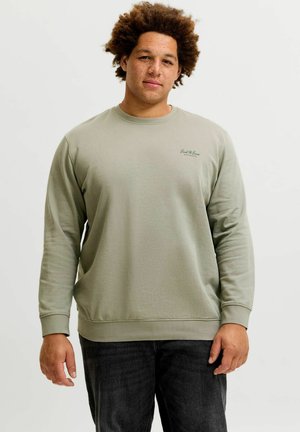 Homme aux cheveux bouclés portant un sweat-shirt vert clair à manches longues et un jean foncé, debout devant un fond uni.
