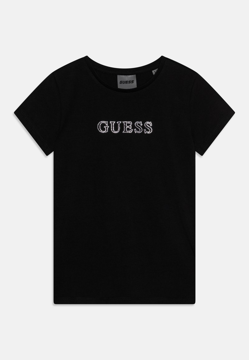 Czarny bawełniany T-shirt z krótkim rękawem, z centralnym logo "GUESS" ozdobionym cyrkoniami, okrągłym dekoltem i miękką fakturą.