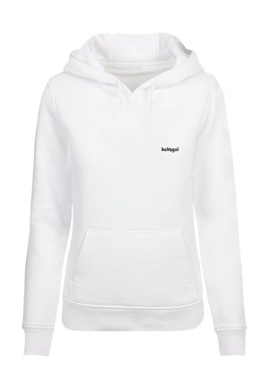 Biela mikina z jemného materiálu má klokanie vrecko, rebrové manžety, kapucu so šnúrkou a malé čierne logo potlačené na hrudi.