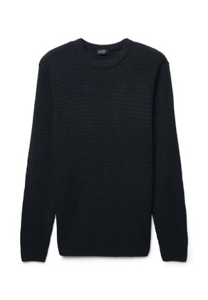 Maglione nero a trama con collo rotondo e maniche lunghe, caratterizzato da un motivo a coste e materiale in maglia morbida. Design classico.