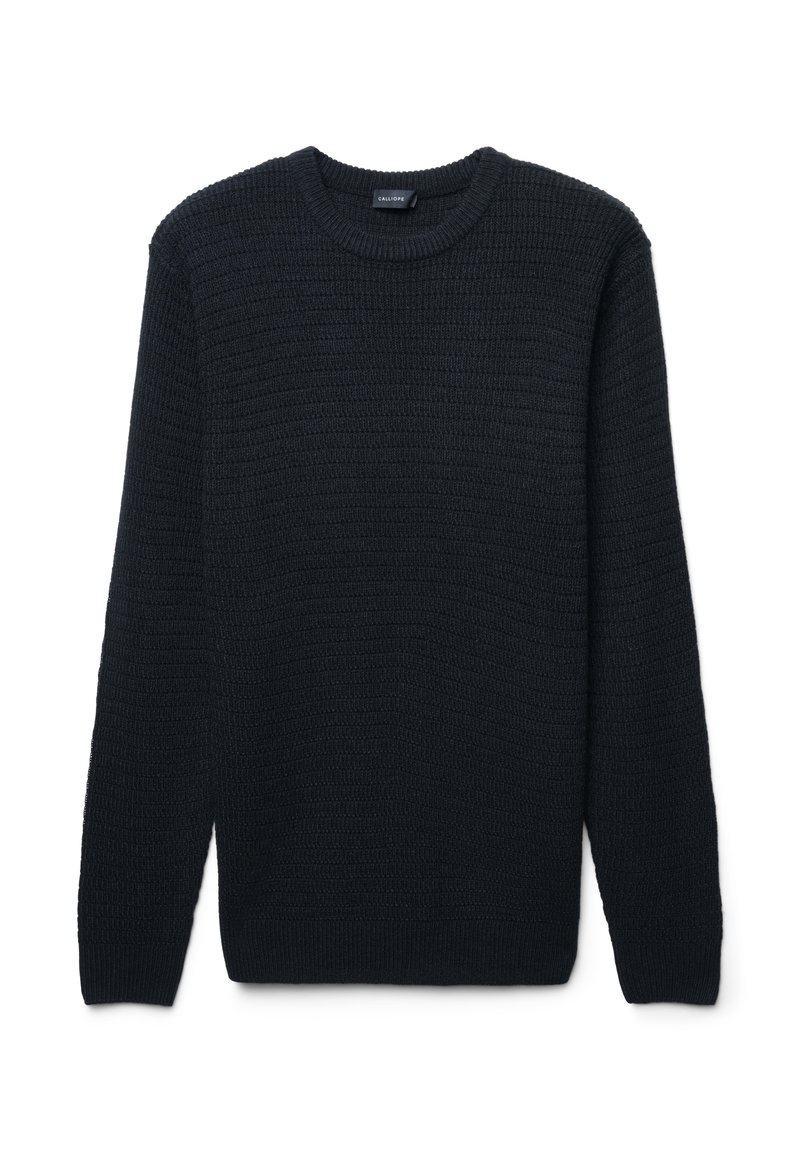 Schwarzer strukturierter Pullover mit Rundhalsausschnitt und langen Ärmeln, ausgestattet mit einem Rippmuster und weichem Strickmaterial. Klassisches Design.
