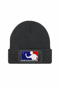 Gray knit beanie with a fold-over cuff featuring a rectangular patch displaying the "Major League Beer Pong" logo in red, white, and blue.