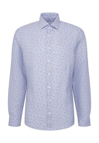 Chemise à manches longues bleu clair à boutons avec un petit motif floral bleu foncé et un col classique.