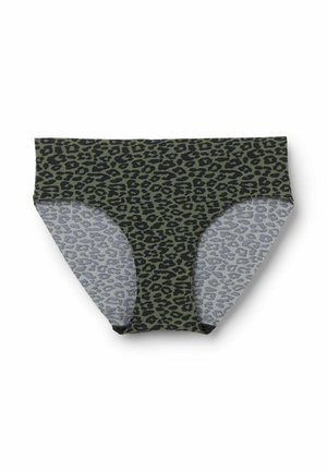 Grüne Unterwäsche mit Leopardenmuster, schwarzem Bund und grauen Leopardenmuster-Akzenten an den Seiten. Weicher Stoff, mittelhoher Schnitt.