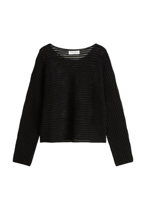 Schwarzer, langärmliger, gestrickter Pullover mit offenem Strickmuster, rundem Ausschnitt und Marc O'Polo-Label innen im Kragen.