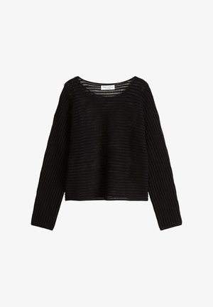 Schwarzer, langärmliger, gestrickter Pullover mit offenem Strickmuster, rundem Ausschnitt und Marc O'Polo-Label innen im Kragen.