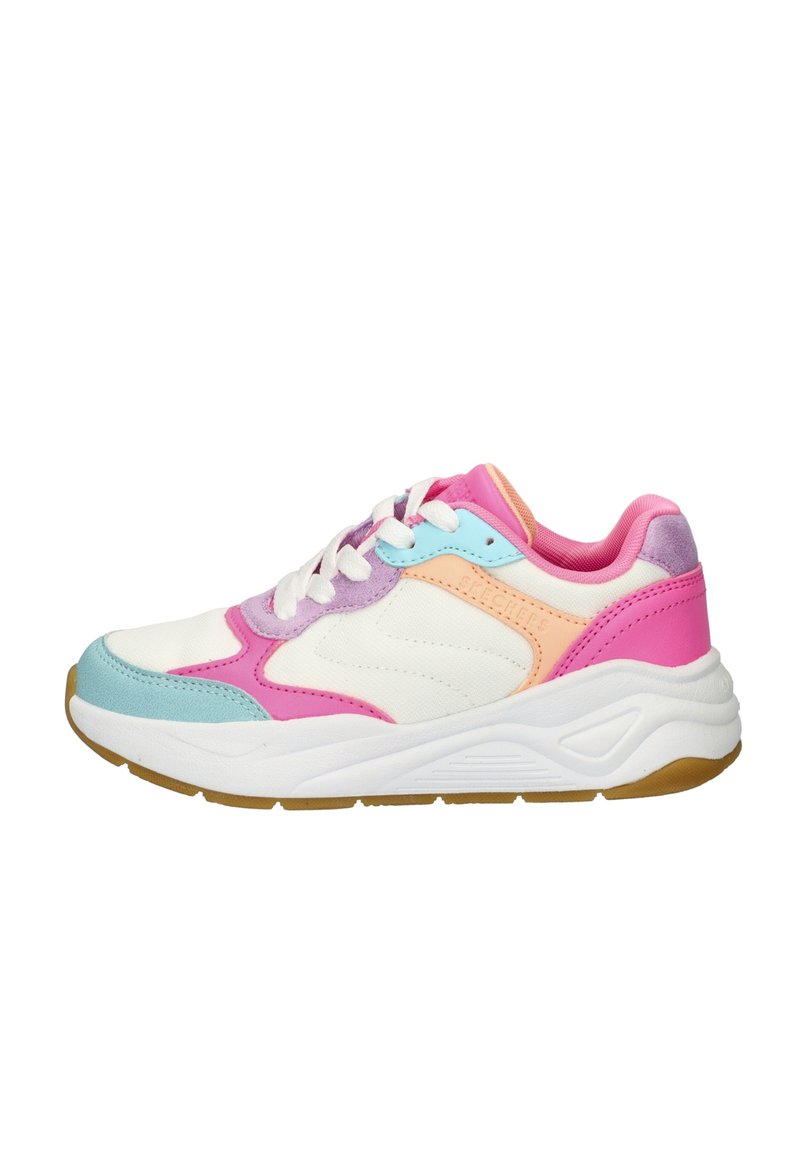 Kleurrijke sportieve sneaker met een mix van witte, roze, blauwe en oranje panelen. Gestructureerd materiaal met een stevige witte zool en veters.