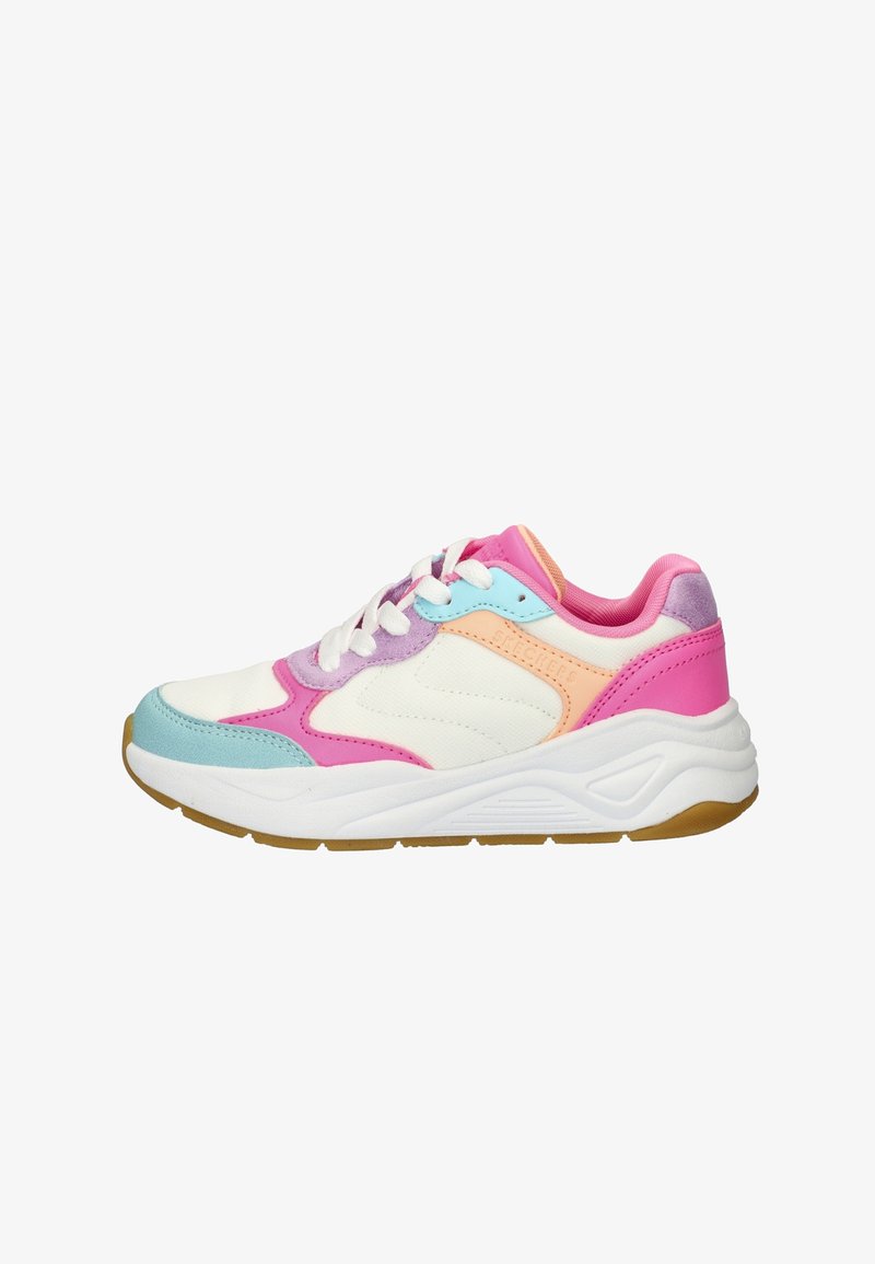 Bunte Sportsneaker mit einer Mischung aus weißen, rosa, blauen und orangefarbenen Paneelen. Strukturmaterial mit einer klobigen weißen Sohle und Schnürsenkeln.