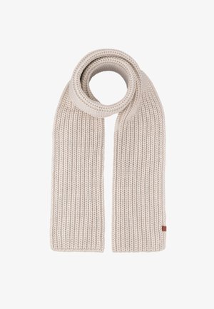 Beżowy dziany szalik z teksturowanym wzorem prążkowym, okrągły na jednym końcu i płaski z skórzaną metką po przeciwnej stronie.