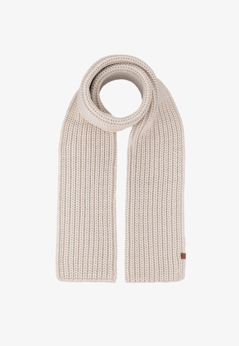 Beżowy dziany szalik z teksturowanym wzorem prążkowym, okrągły na jednym końcu i płaski z skórzaną metką po przeciwnej stronie.