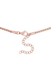 Collana in oro rosa con chiusura a moschettone, caratterizzata da una serie di piccoli anelli interconnessi e un'estensione della catena regolabile.