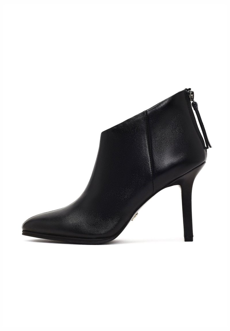 Bota de tobillo de cuero negro con punta afilada, alto tacón de aguja y cierre con cremallera lateral. Textura suave sin patrones ni acentos.