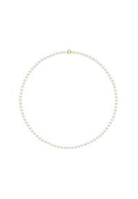 Witte parelketting met uniforme ronde parels, een gladde textuur en een vergulde sluiting voor veilige afsluiting. Eenvoudig en klassiek ontwerp.