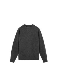 Suéter de punto gris con cuello redondo, mangas largas, y puños y dobladillo acanalados. Fabricado con hilo suave, presenta una textura lisa.