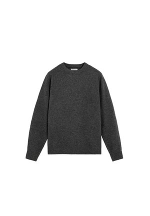 Suéter de punto gris con cuello redondo, mangas largas, y puños y dobladillo acanalados. Fabricado con hilo suave, presenta una textura lisa.