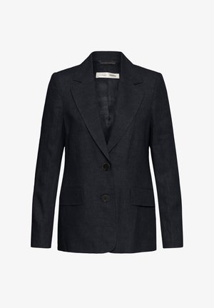 Fekete, szabott blézer bekapcsolt hajtókákkal, két elülső zsebfedővel és kétsoros gombolással, texturált szövetből készült.