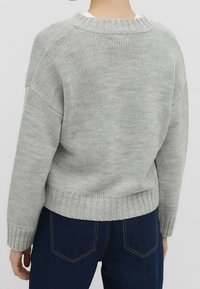 Grijze gebreide trui met een relaxte pasvorm, geribbelde zoom en licht verlaagde schouders, gezien van de achterkant met een donkere spijkerbroek.
