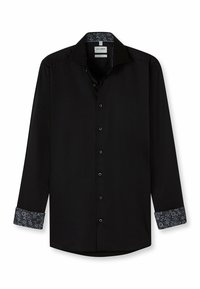 Schwarz langärmliges Hemd mit Button-Down-Kragen, mit gemusterten Manschetten in Blau und Weiß, glatte Textur und normale Passform.