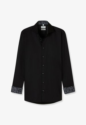 Schwarz langärmliges Hemd mit Button-Down-Kragen, mit gemusterten Manschetten in Blau und Weiß, glatte Textur und normale Passform.