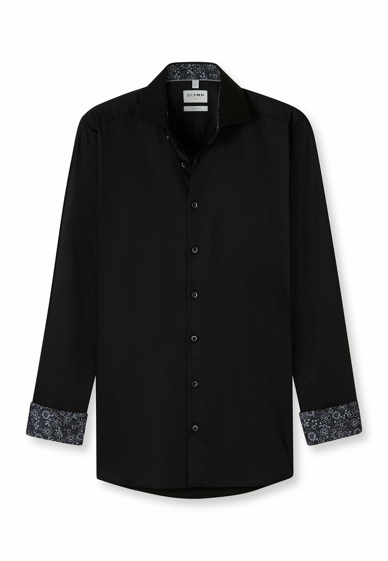 Schwarz langärmliges Hemd mit Button-Down-Kragen, mit gemusterten Manschetten in Blau und Weiß, glatte Textur und normale Passform.