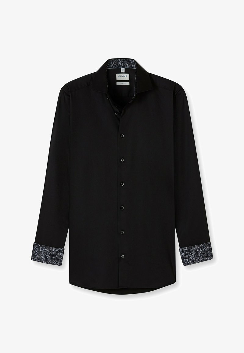 Schwarz langärmliges Hemd mit Button-Down-Kragen, mit gemusterten Manschetten in Blau und Weiß, glatte Textur und normale Passform.