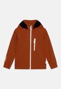 Wodoodporna pomarańczowa kurtka z czarnym kapturem, białymi suwakami i elastycznymi mankietami. Z przodu znajduje się kieszeń na zamek oraz elegancki design.