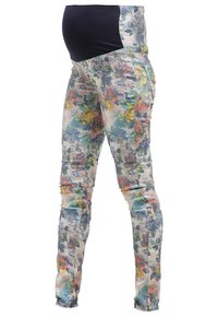 Pantalon de maternité slim avec motif floral multicolore et ceinture extensible sombre unie pour le soutien du ventre.