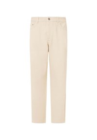Pantalones de algodón beige con un diseño de pierna recta, que presentan un cierre de botón, bolsillos frontales y una textura limpia y suave.