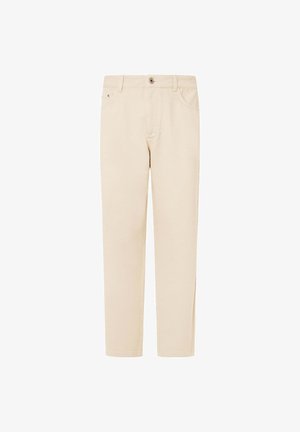 Beige bomuldsbukser med lige ben, udstyret med knaplukning, forlommer og en ren, glat overflade.