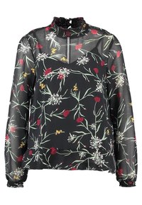 Sheer black blouse with floral print in red, white, and yellow. Features a high ruffled collar and long sleeves with gathered cuffs.