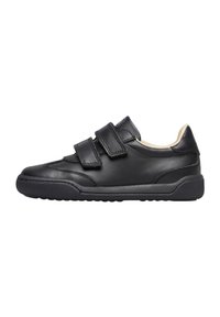 Sneaker in pelle nera con due cinturini regolabili a strappo e suola in gomma texturizzata, mostrato in profilo laterale su uno sfondo bianco.
