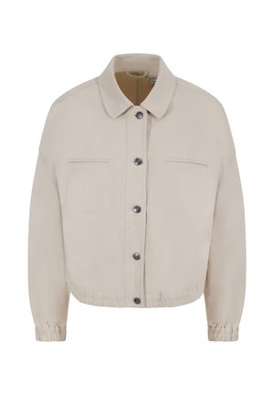 Light beige, cropped jacket featuring a button closure, two front pockets, elastic cuffs, and a soft fabric texture.