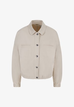 Light beige, cropped jacket featuring a button closure, two front pockets, elastic cuffs, and a soft fabric texture.