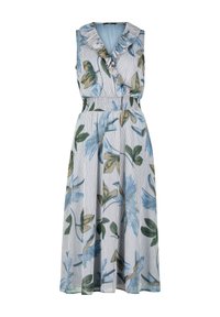 Blumenkleid in knielanger Form mit hellblauem Hintergrund, grünen und blauen Blumenmustern, Rüschenausschnitt und elastischem Bund.