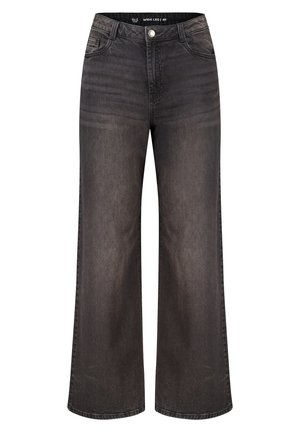Jeans évasés en denim gris foncé, avec une taille haute, des poches avant et une fermeture à bouton. Le tissu présente une texture légèrement délavée.