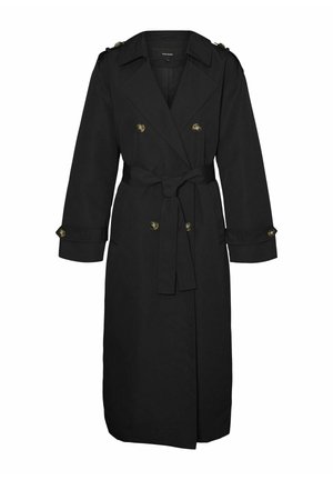 Crni kaput od glatkog materijala, s dvostrukim kopčanjem, pojasom u struku i ramenim epoletama, dugih rukava.