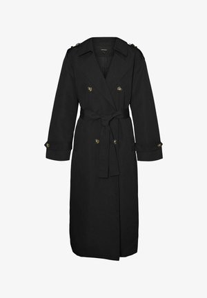 Black trench coat made of smooth fabric, featuring double-breasted buttons, a belted waist, and shoulder epaulets, with long sleeves.