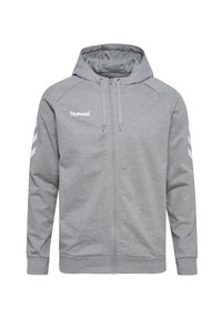 Sweat à capuche gris zippé en tissu doux. Comprend une capuche, des manches raglan, un logo de marque blanc et des bandes en chevron sur les manches.