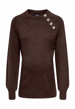 Dunkelbrauner Strickpullover mit langen Ärmeln, gerippten Bündchen und Saum, Rundhalsausschnitt und vier dekorativen Knöpfen auf der linken Schulter.