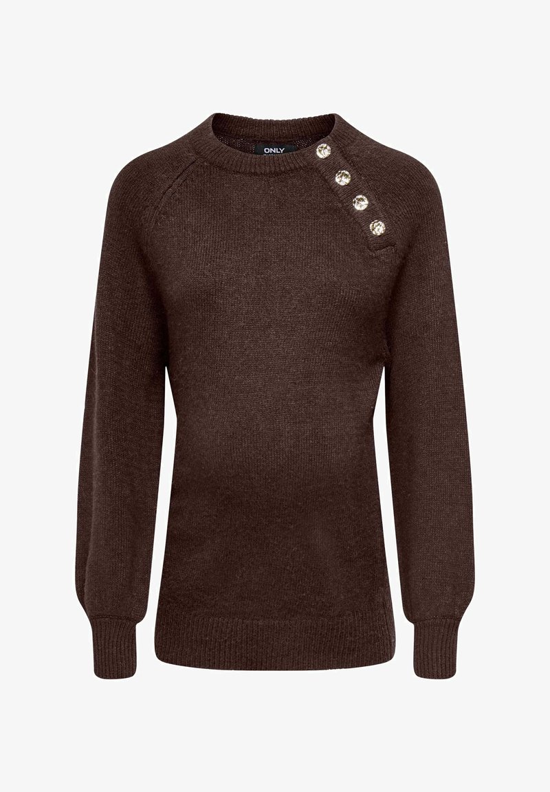 Pull en maille brun foncé avec manches longues, poignets et ourlet côtelés, col rond, et quatre boutons décoratifs sur l'épaule gauche.
