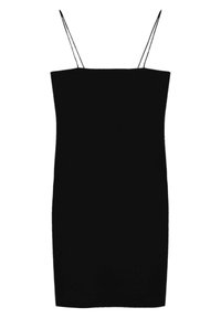 Robe moulante noire sans manches avec fines bretelles spaghetti et encolure droite, longueur au genou, présentée sur un fond blanc.