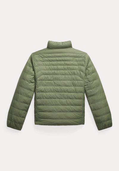 Olive green puffer jacket with a high collar, featuring quilted design, horizontal stitching, and a smooth, lightweight texture.